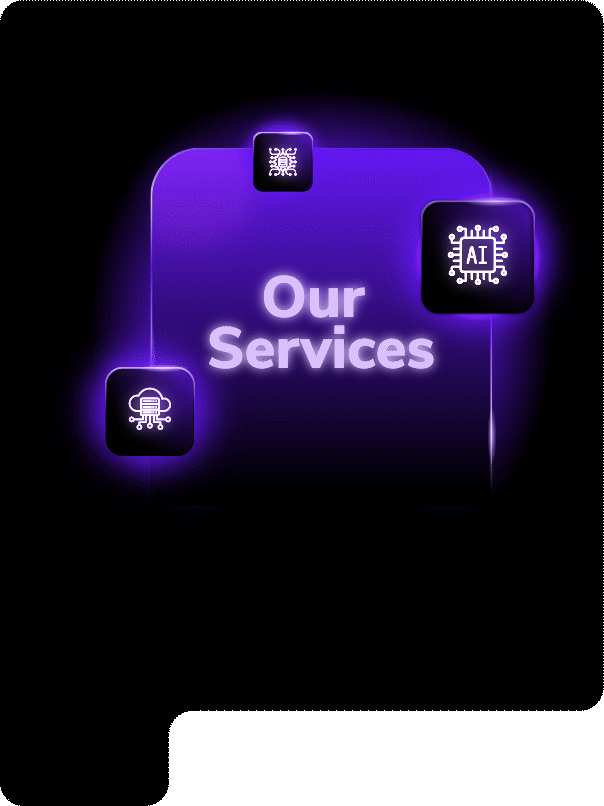 KeepcodeIn Our Services visual with curved graphic representing custom AI, engineering staffing, cloud security, and digital strategy offerings